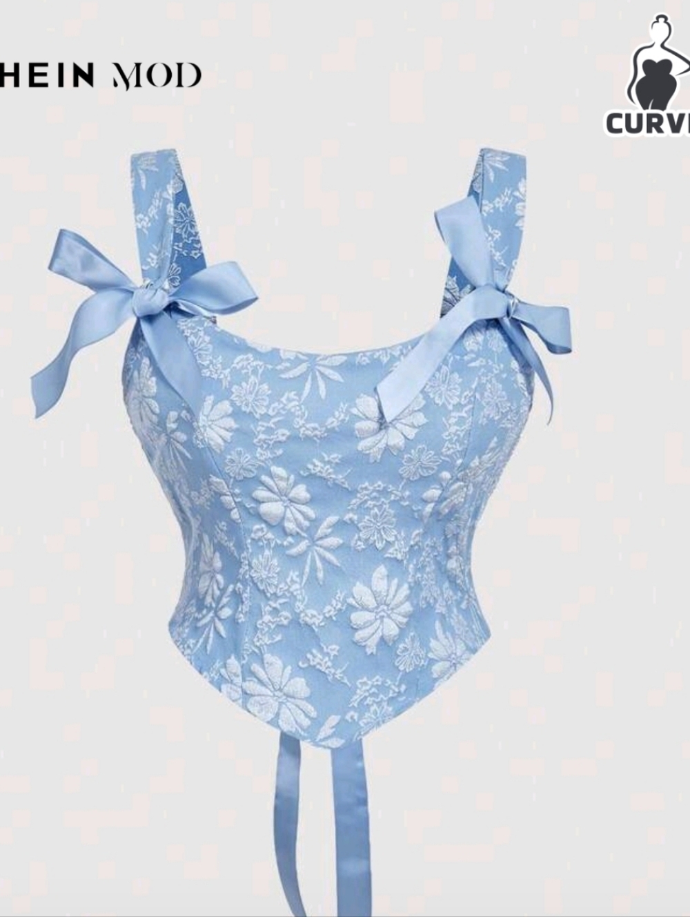Blue Floral Embroidered Corset Top with Bow Straps